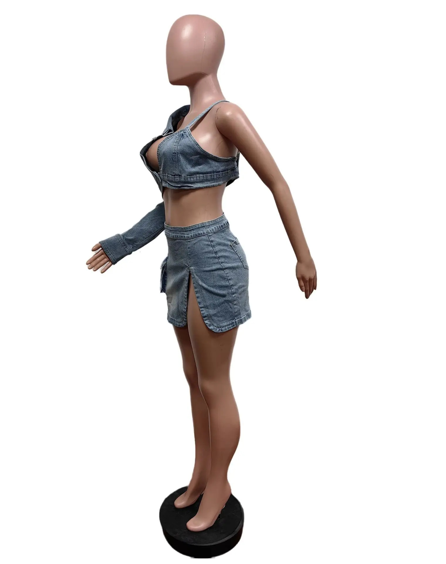 denim stretch set with half exposed backpack and hip slit skirt dress 240627