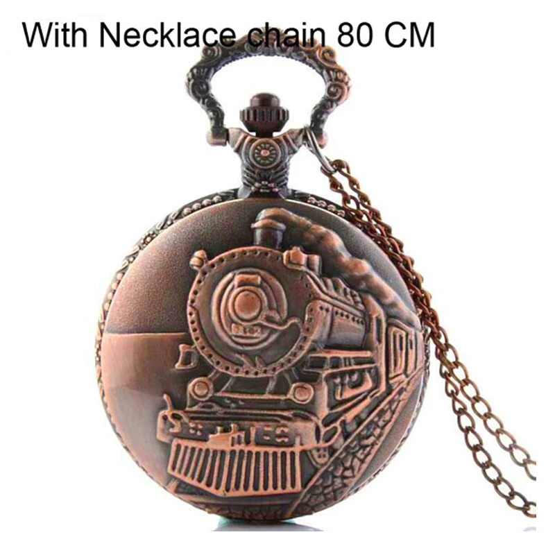 100412pcs/lot Bronze Railroad Steam Train Head Quartz Pocket Watch RIB Necklace FOB Chain 240626