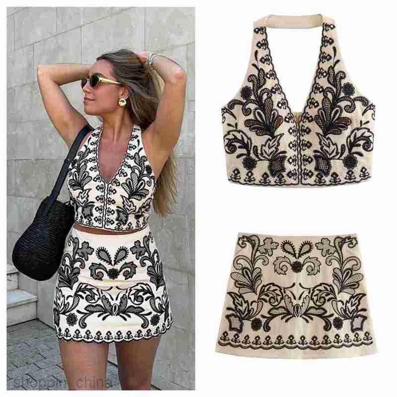 women Two Piece Dress Sets Summer Women's Flower Embroidered Hanging Neck Top+Half Skirt Set