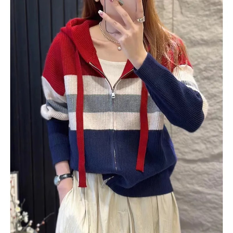 Western style striped double zipper hooded cashmere knit cardigan coat women spring and autumn loose wool hoodie F6.28#97.5