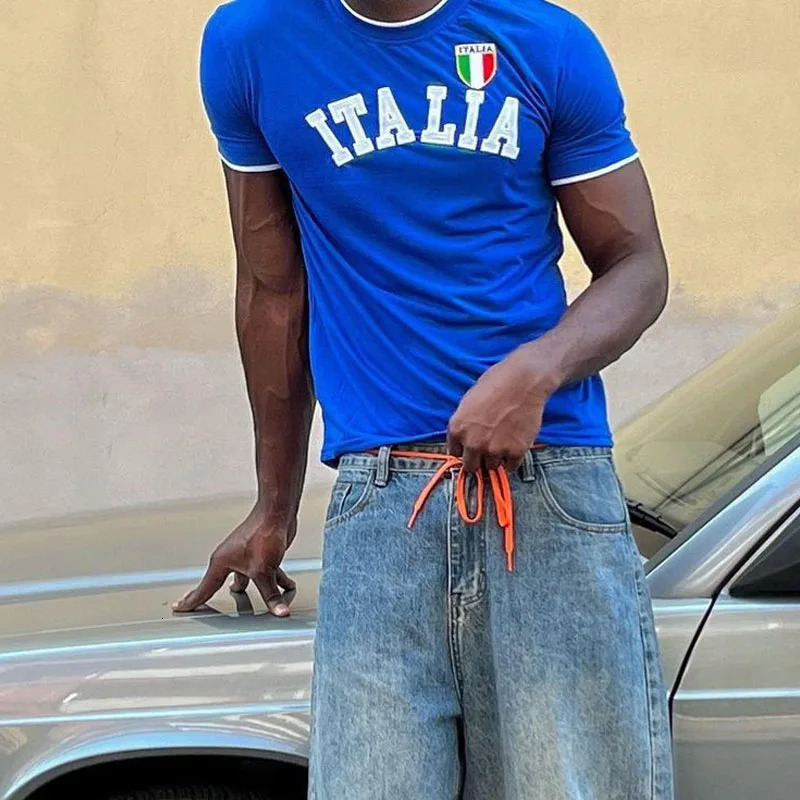 ITALIA Letter Print Blue Oversized T Shirt Harajuku Men Clothing Graphic American High Quality Goth Street Y2k Tops 240619