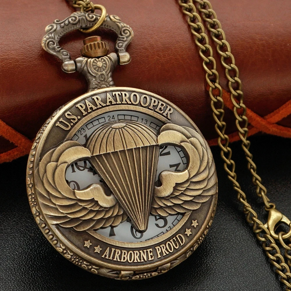 50pcs/lot Vintage Paratrooper Airborne Proud Flip Quartz Pocket Watch Retro Necklace Pendant For Men Women Reloj de bolsillo 240626
