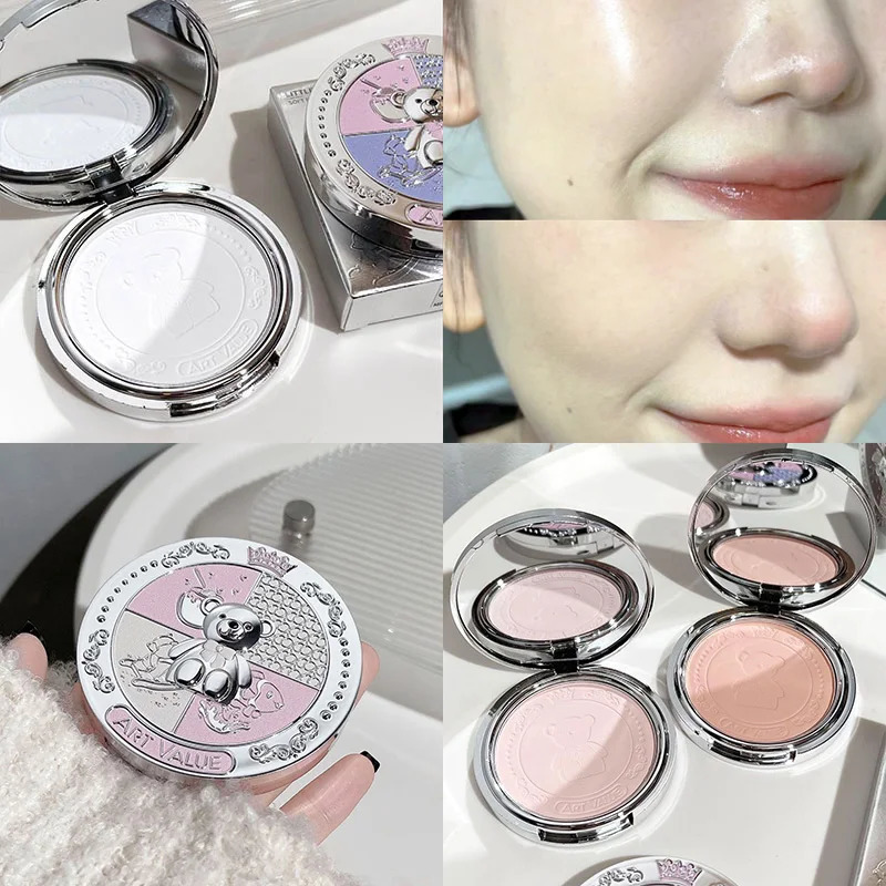 Oil Control Setting White Powder Oily Skin Makeup Lasting Sweatproof SmallBear Press Powder Palette Face Soft Focus Loose Powder 240627