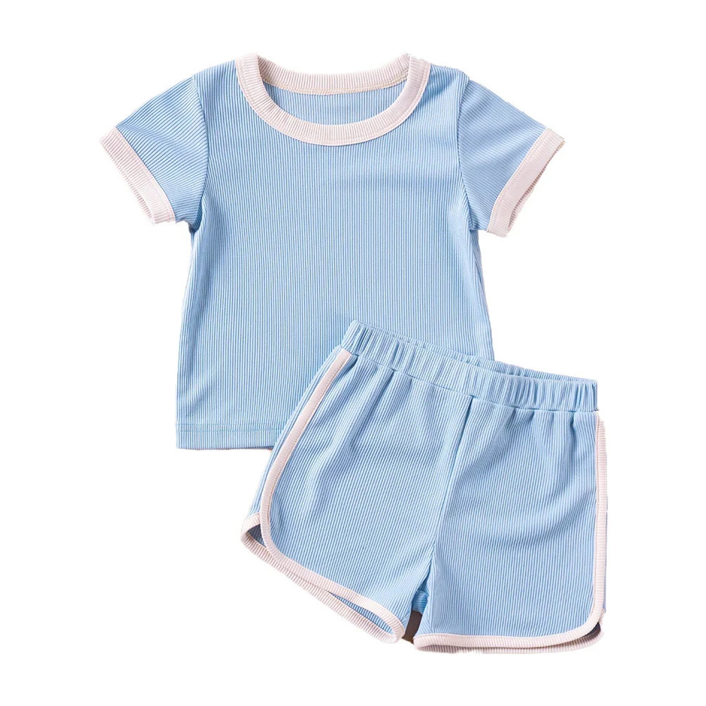 Boys Girls Ribbed Summer Outfit Set Toddler Short Sleeve TShirt Shorts Children 2Pcs Clothes Set Korean 16Y 240618