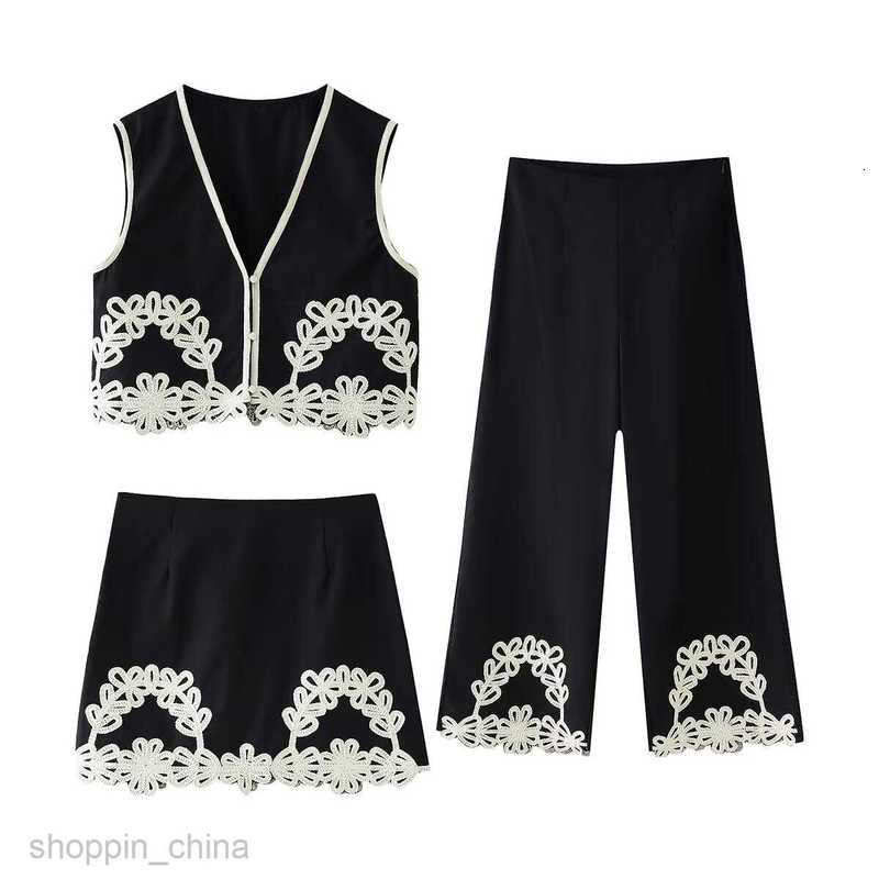 women Two Piece Dress Sets Women's Summer New Fashion Embroidered Vest+Short Skirt+Pants Set Three Piece