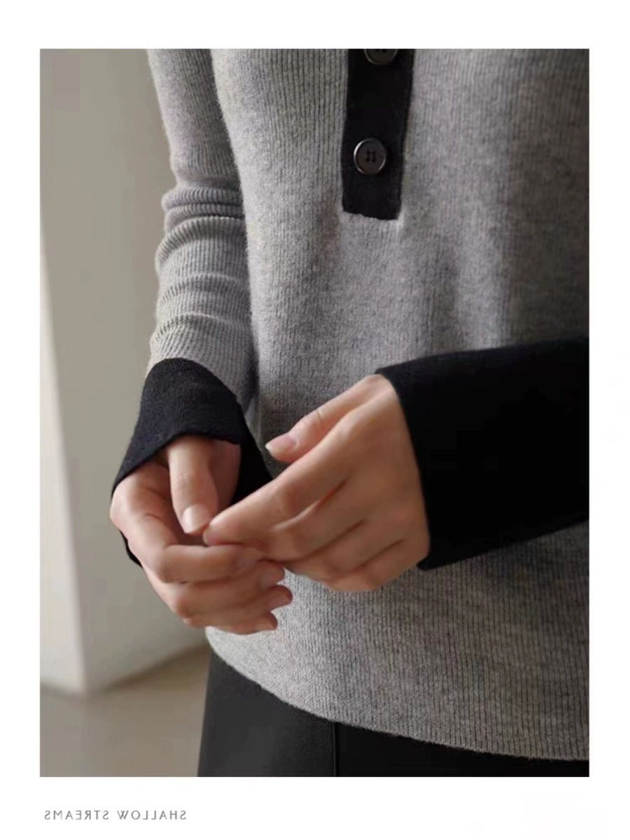 Temperament slim cashmere women's POLO collar top fall new gray lapel knit bottom color sweaterF6.28#42.8