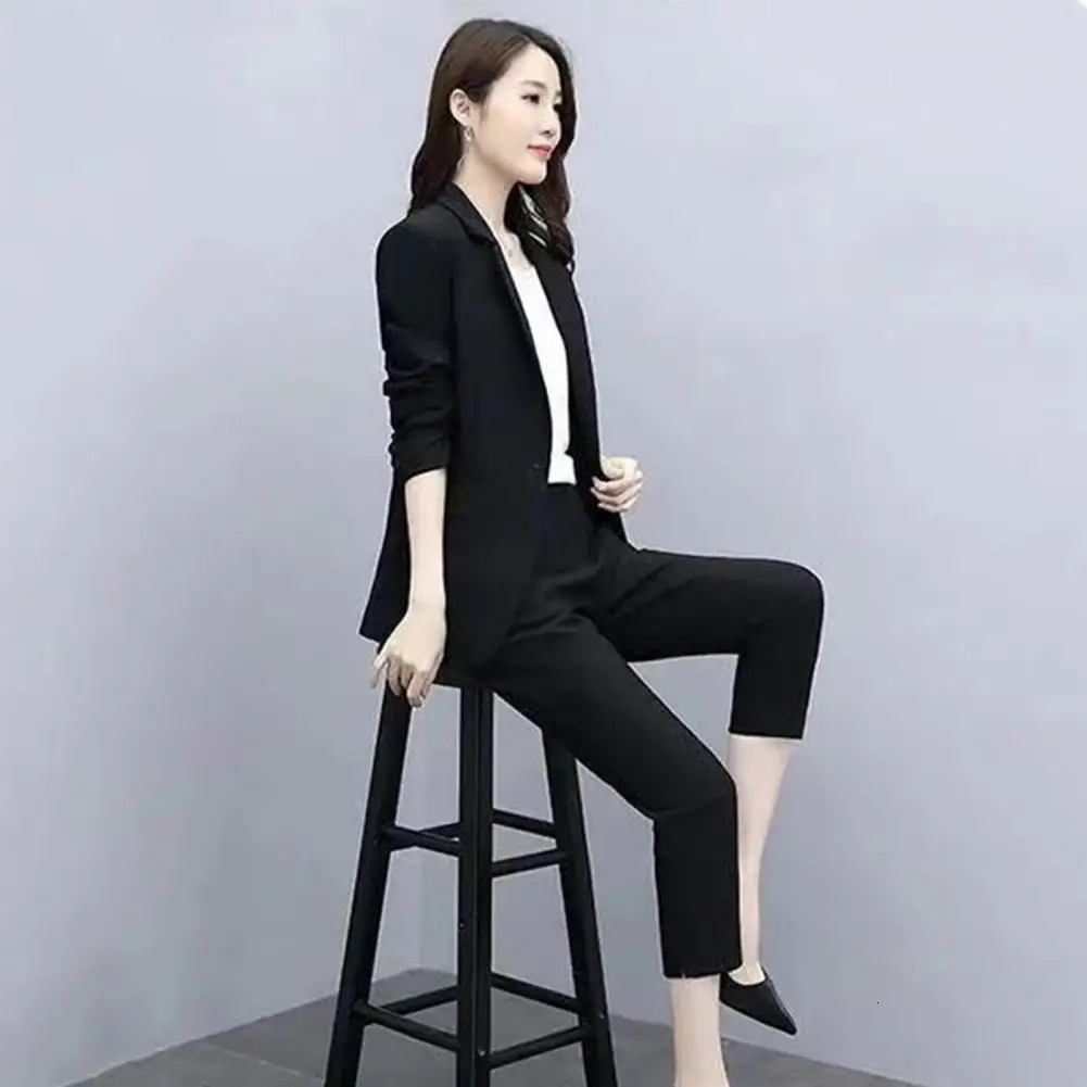 2 PcsSet Women Business Suit Turndown Collar Long Sleeve Coat Solid Color Straight Pants Formal OL Commute Jacket Trousers Set 240617wtt