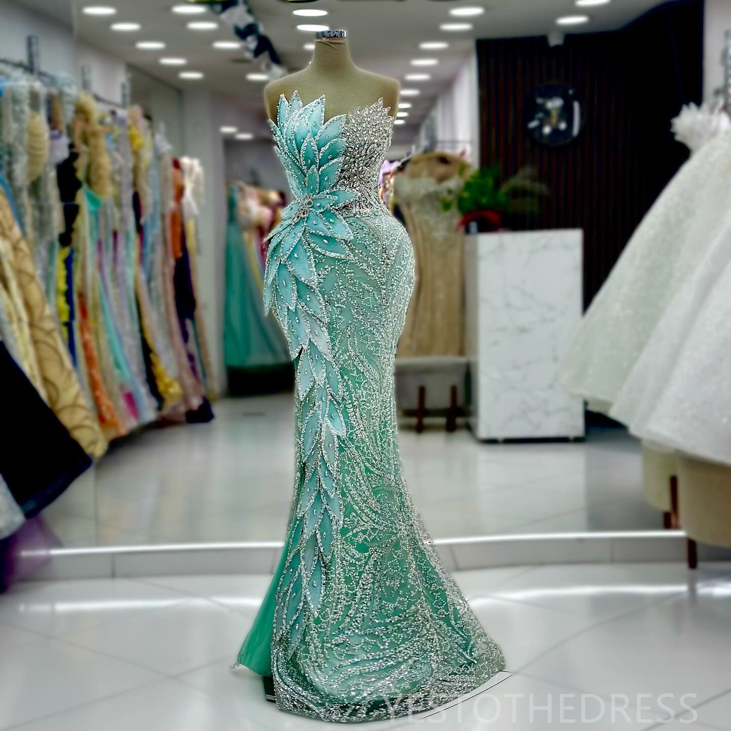 2024 Mint Mermaid Prom Dress Illusion Promdress Evening Formal Gowns for Special Occasion Beaded Rhinestones Lace Leaf Birthday Dress Second Reception