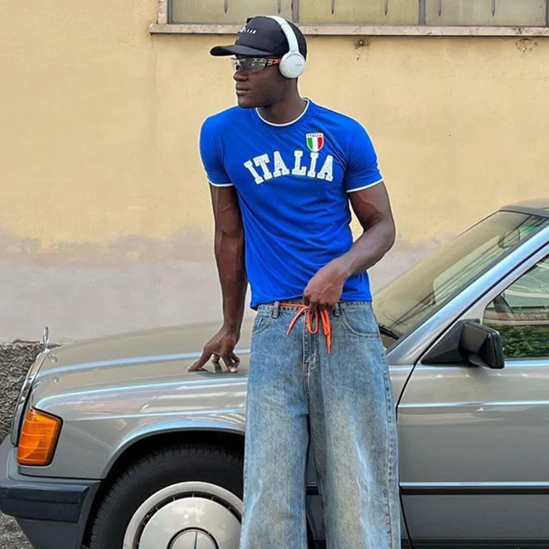 ITALIA Letter Print Blue Oversized T Shirt Harajuku Men Clothing Graphic American High Quality Goth Street Y2k Tops 240619