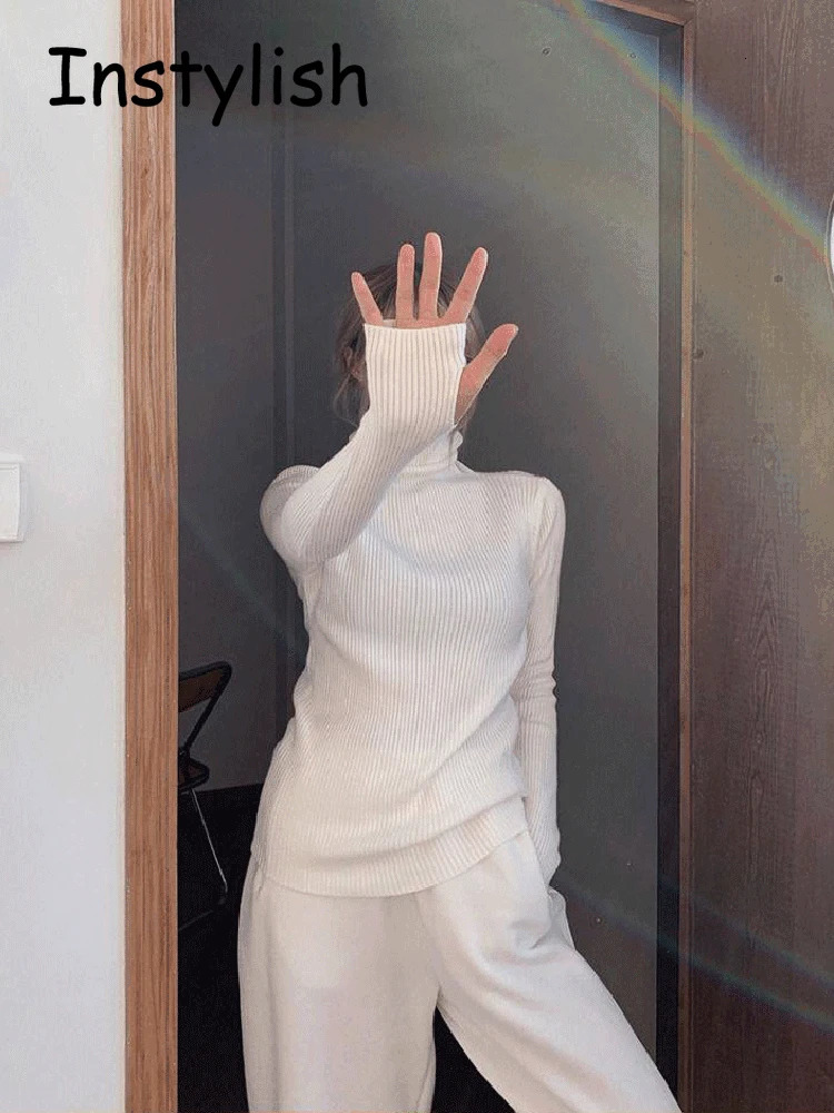 Women Vintage Y2K Turtleneck Sweater Finger Hole Elegant Slim Knitted Pullover Korean Harajuku Jumper Autumn Winter Basic Tops 240627