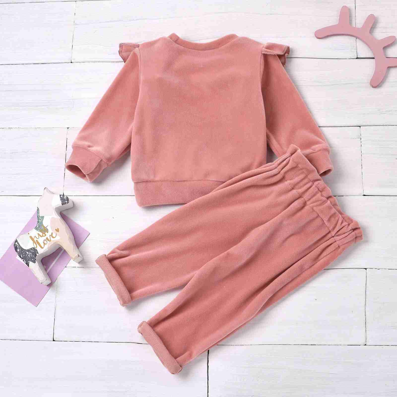 Pajamas 2PC Solid Pink Flight Sleeves for Boys and Girls in Autumn and Winter Season Solid Trousers with Bow WX5.31
