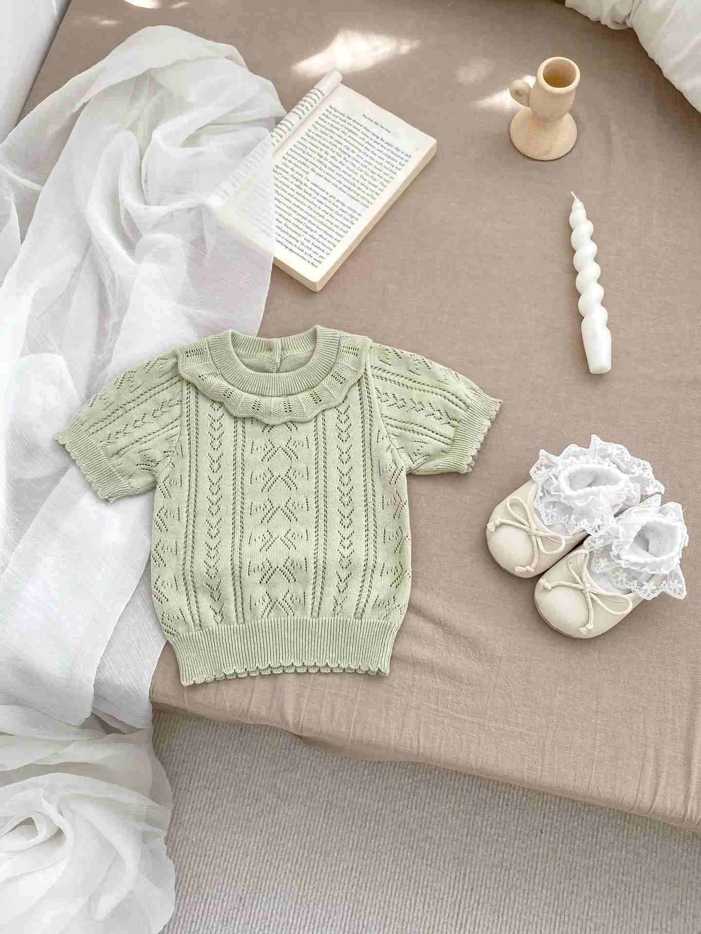 Pajamas Babies Sets New Baby Summer Baby Versatile Hollowing Out Knitting Short sleeved Shorts Two Pieces Girls Simple Fashion 2024 WX5.31