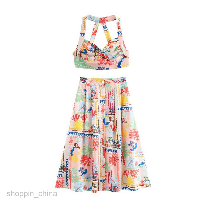 Basic Casual Women Dresses Women's clothing summer patchwork printed top patchwork printed cape skirt casual set B69046
