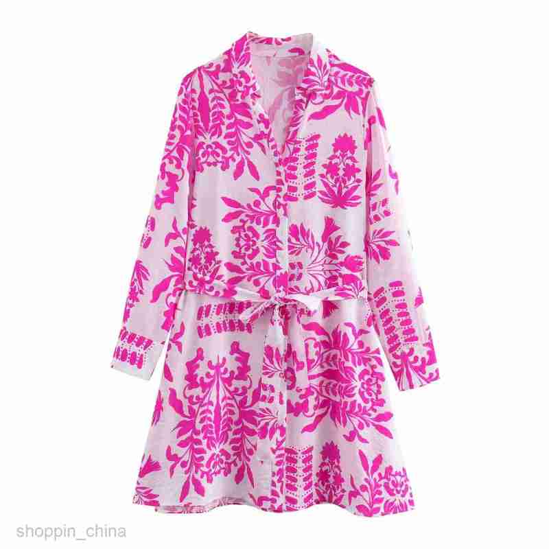 Basic Casual Women Dresses Summer Women's Polo Collar Cardigan Printed Loose Belt Shirt Dress F6487