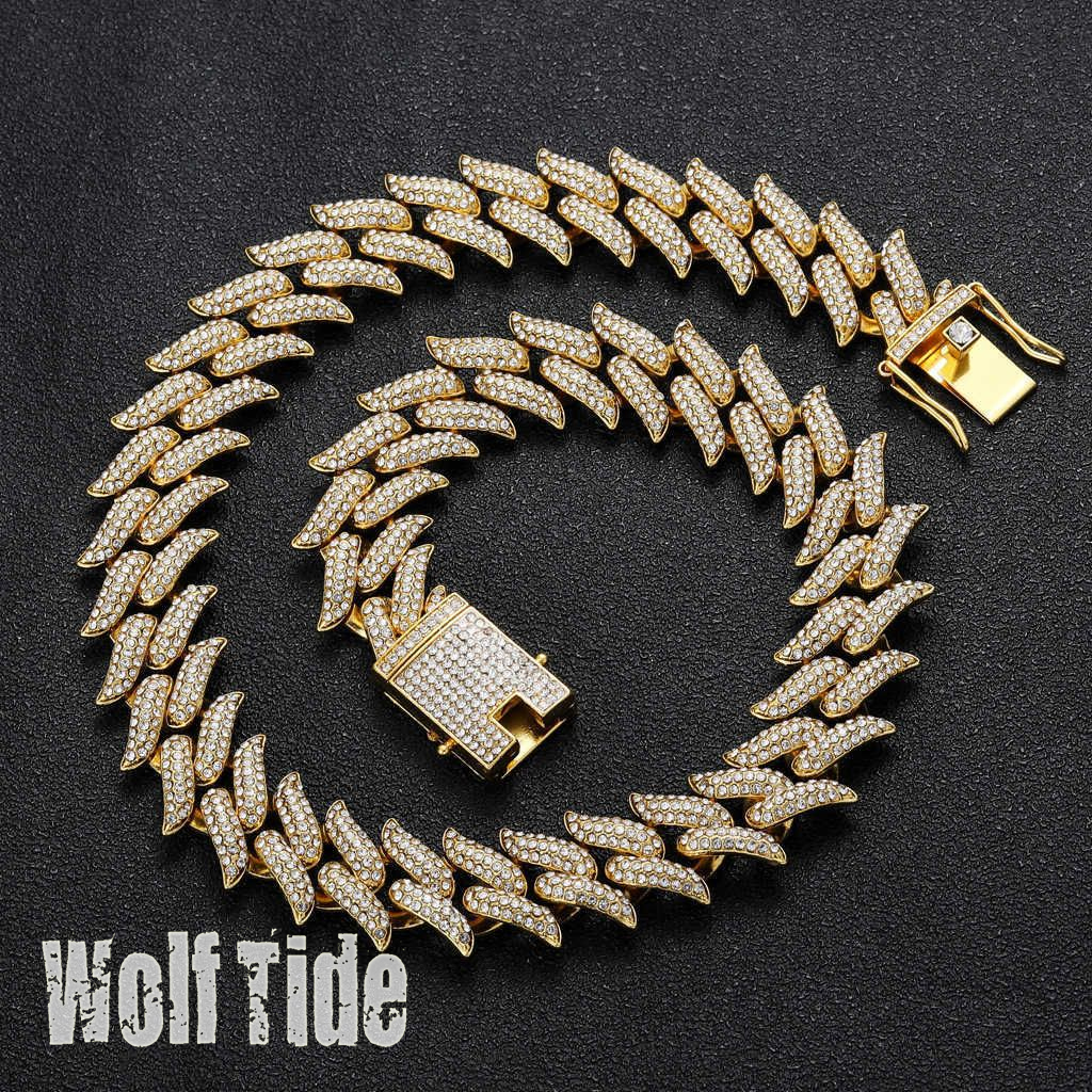 Gzw Jewelry Men's Cuban Link chain Necklace Hip Hop Thorn Cube 19mm Rhinestone Bling Spiked Cz Stone Crystal 18K Gold Iced Out Curb Chains Colar 