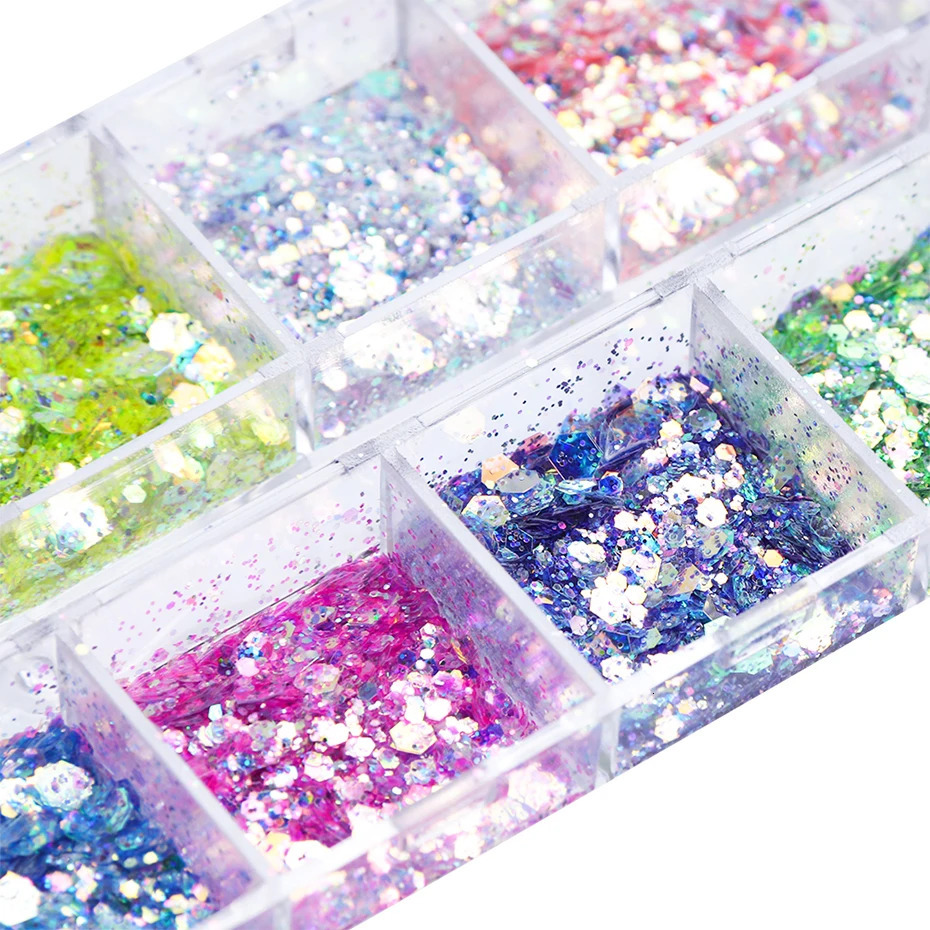 Mirror Iridescent Mixed Hexagon Nail Glitter Sequins Holographic Spangles Flakes Nail Art Powder Gel Polish Manicure Accessories 240627