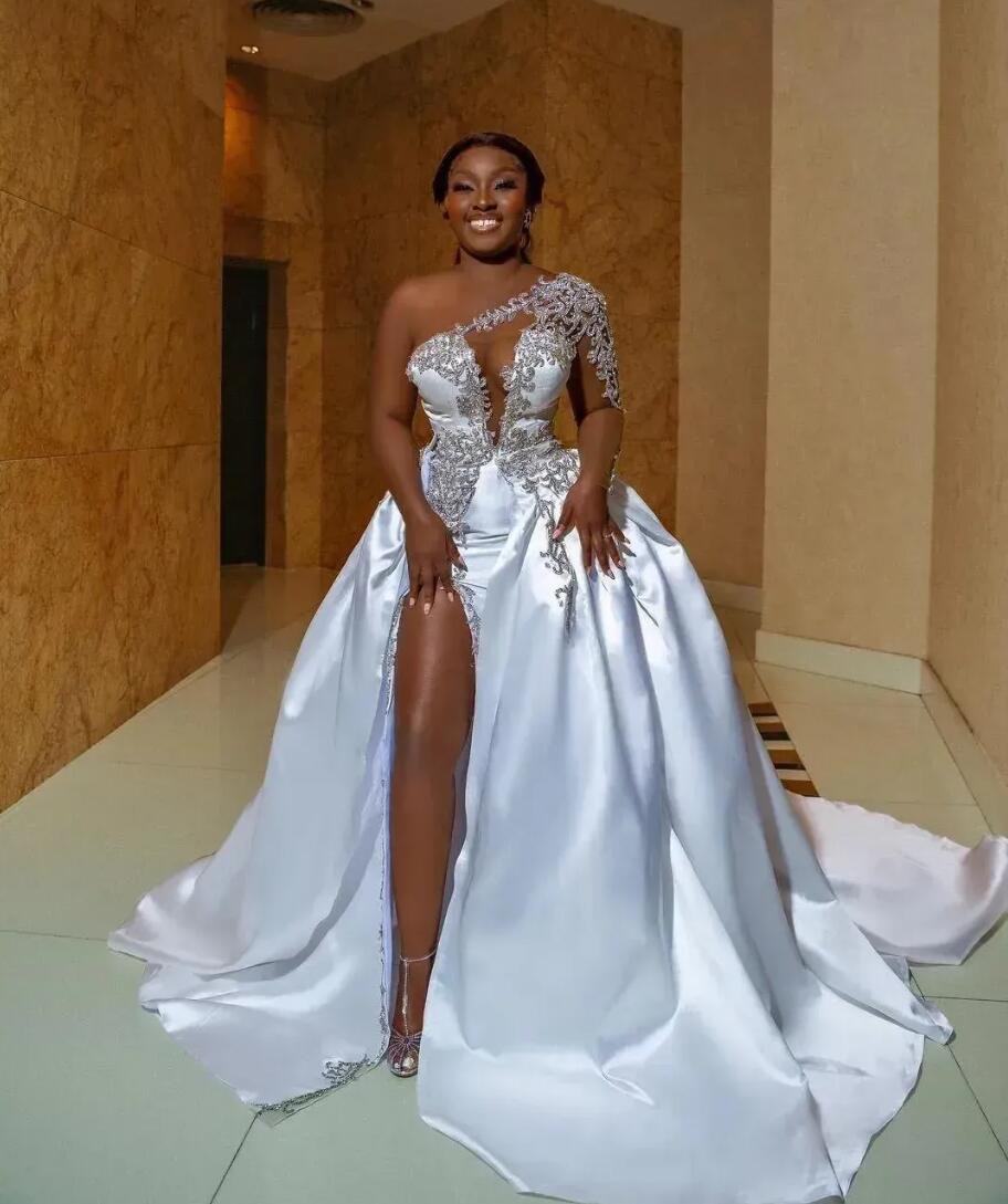 ASO EBI African Sexy High Split Wedding Dresses A Line One Shoulder Beaded Appliques Keyhole Neck Slit Bridal Gowns Plus Size Robes Custom Made BC1487