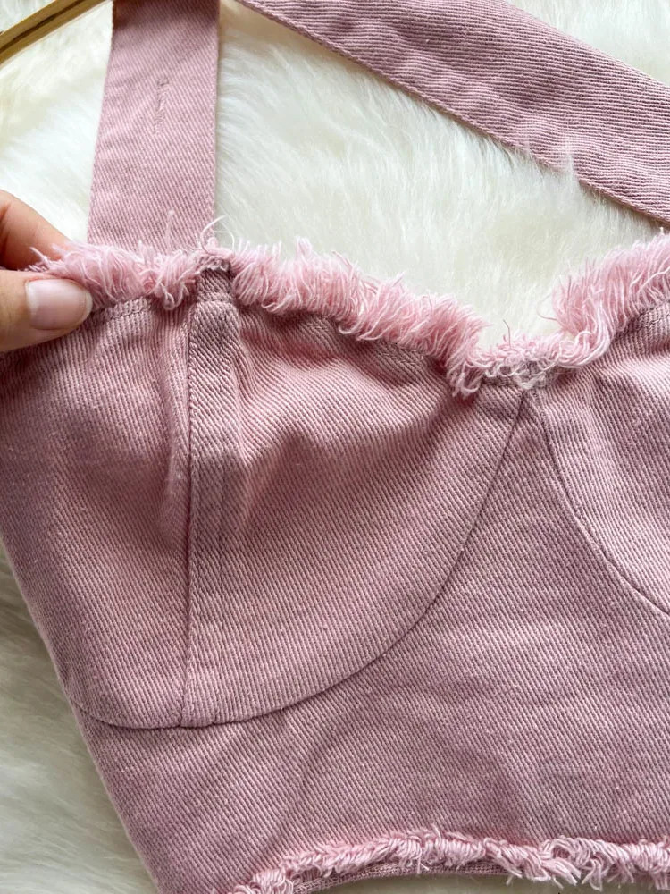Summer Pink Denim Sexy Women Sets Elegant Zipper Suspenders Tops Sashes Button Pocket Irregular Slash Neck Slim Two Piece Set 240627