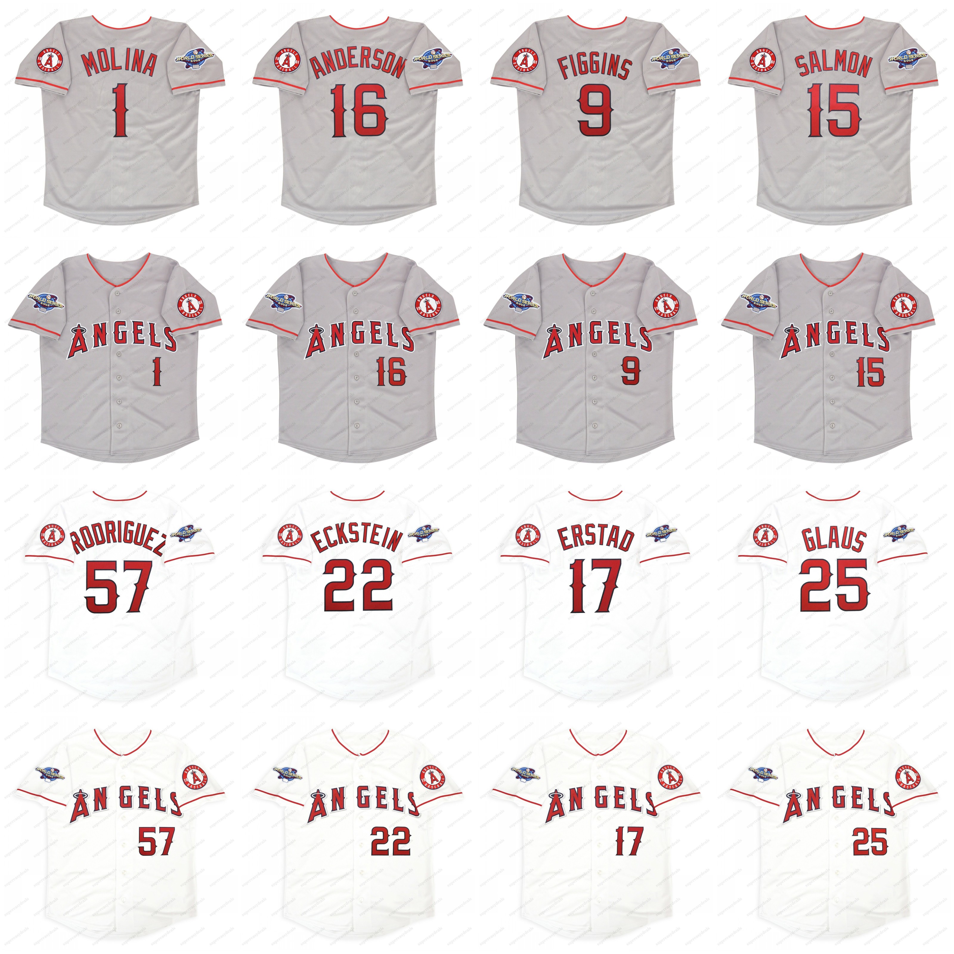 1Molina 9Figgins 2002 World series Angels Jersey 15Salmon 16Anderson 17Erstad 22Eckstein 25Glaus 41Lackey 57Rodriguez