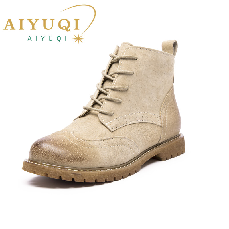 Women Booties Fur 2024 Autumn Genuine Leather Female Short Boots Suede British Lace Retro Trend Women Ankle Boots