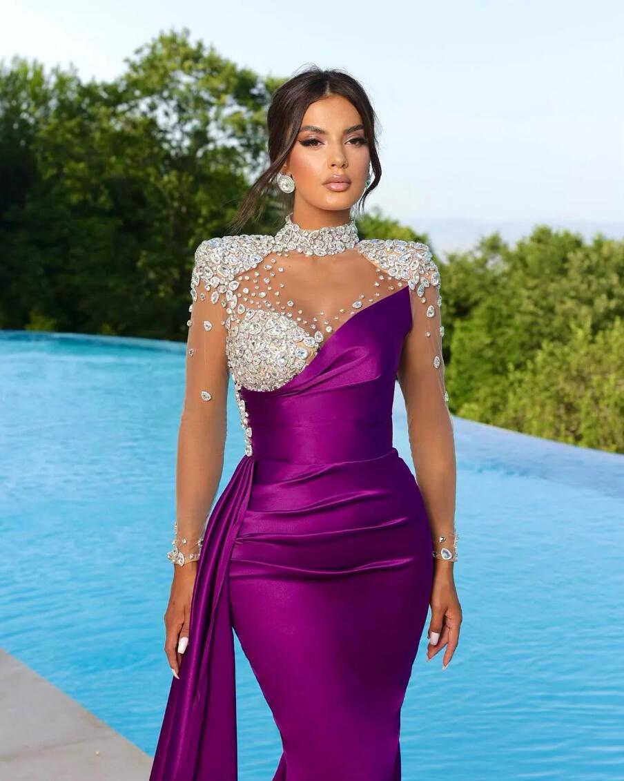 Black Elegant Peach Purple Mermaid Evening Dresses High Neck Sheer Appliques Beads Illusion Long Sleeve Pleats Ruffles Formal Ocn Prom Gowns BC