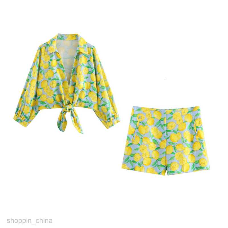 Women Two Piece Sets Pants Summer Women's Polo Collar Printed Cardigan Bow Decoration Shirt+Shorts Casual Set B6