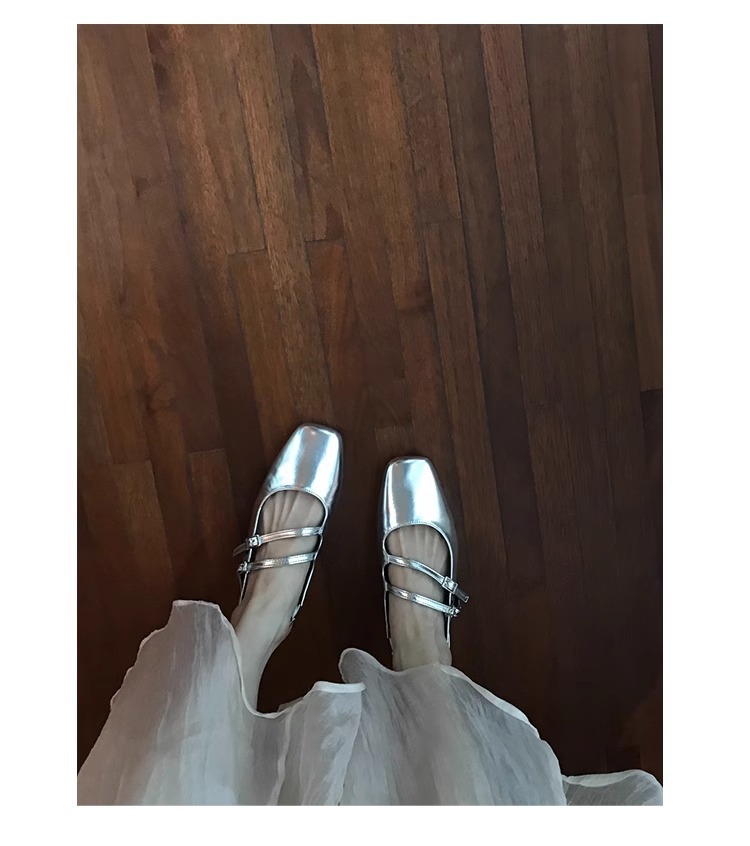 French Low-Heeled Sier Mary Jane Shoes Square Toe Block Heel Sandals Women's Empty Back Sliver