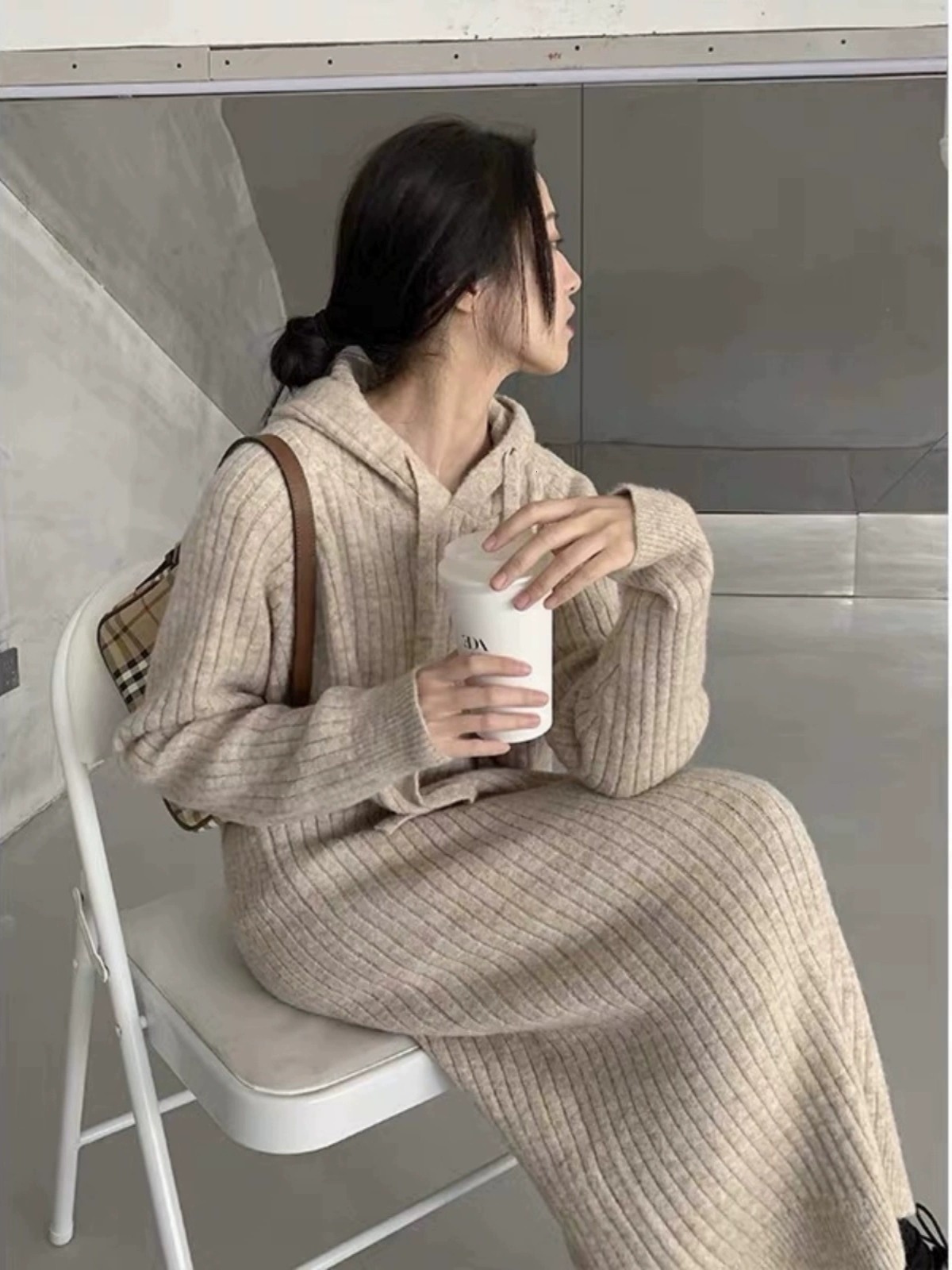 Hooded cashmere women's mid-length loose temperament knit sweater dress straight wool hoodie base shirtF6.28#65