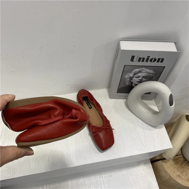 Bow-Knot grandma shoes women ballerina shallow loafers elastic pleated ballet flats woman square toe soft botton moccasins femme 240627