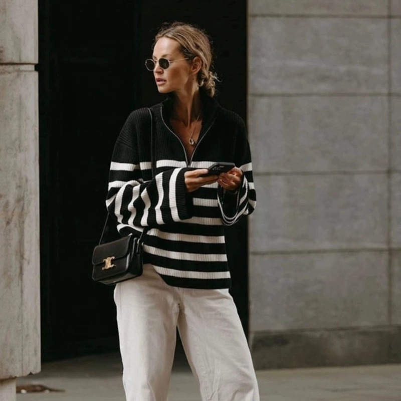 Autumn winter new black and white striped semi-turtleneck zipper 100% cashmere coat women's loose lapel sweaterF6.28#51