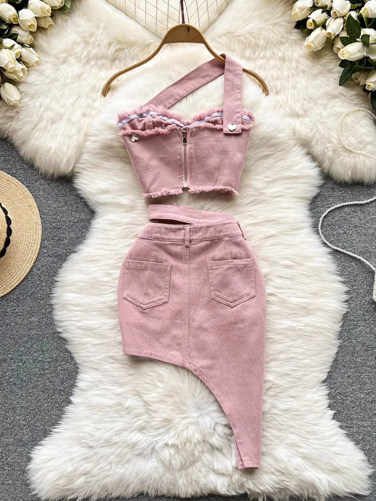 Summer Pink Denim Sexy Women Sets Elegant Zipper Suspenders Tops Sashes Button Pocket Irregular Slash Neck Slim Two Piece Set 240627