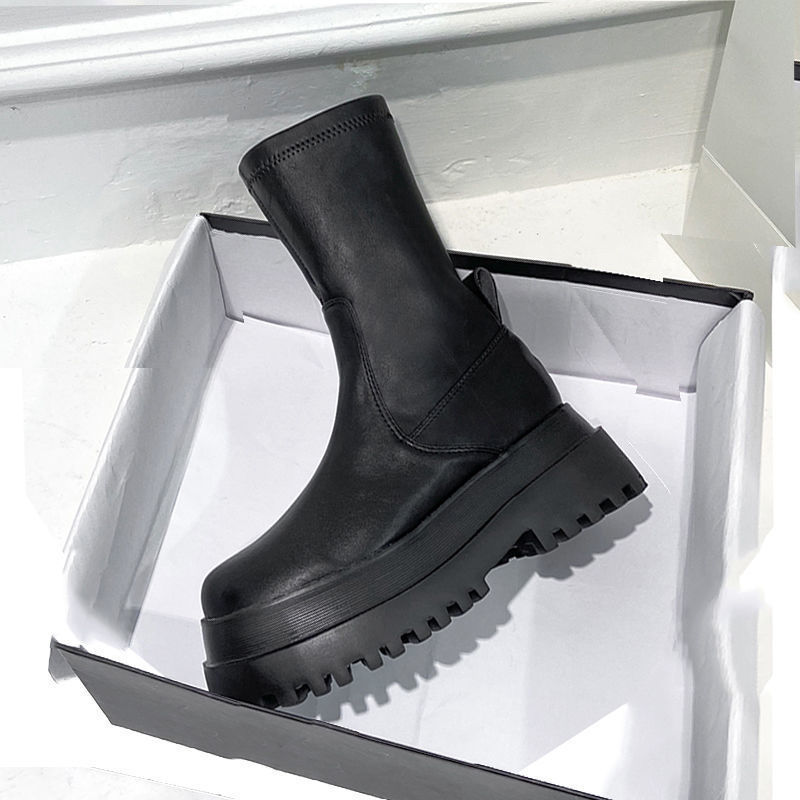 Women's Ladies 2022 Platform Black Mid Calf Boots Pipe Autumn Winter Flat Short Leather Rubber Comfortable 7513