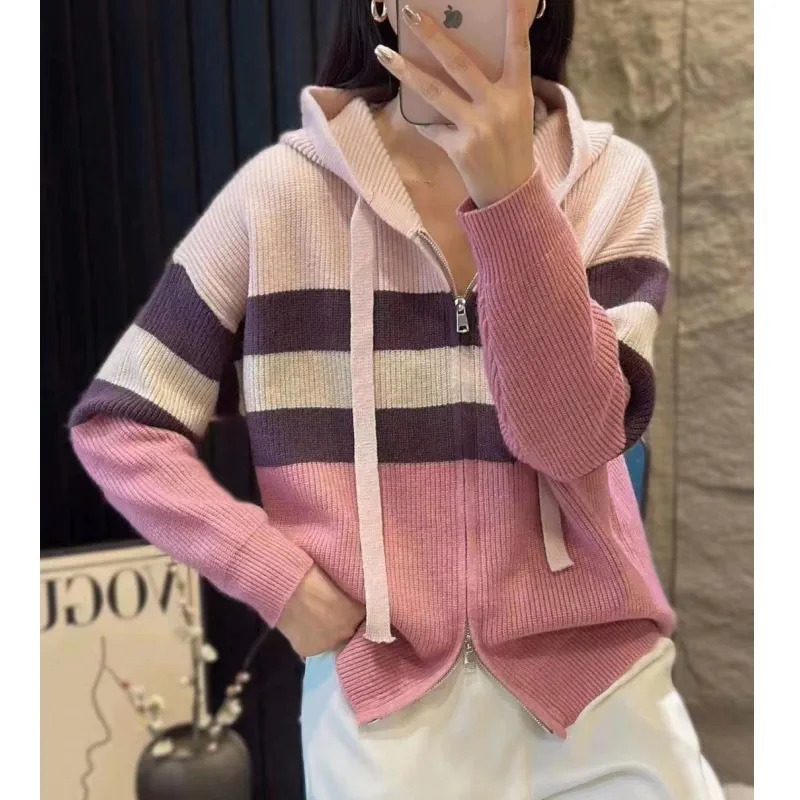 Western style striped double zipper hooded cashmere knit cardigan coat women spring and autumn loose wool hoodie F6.28#97.5