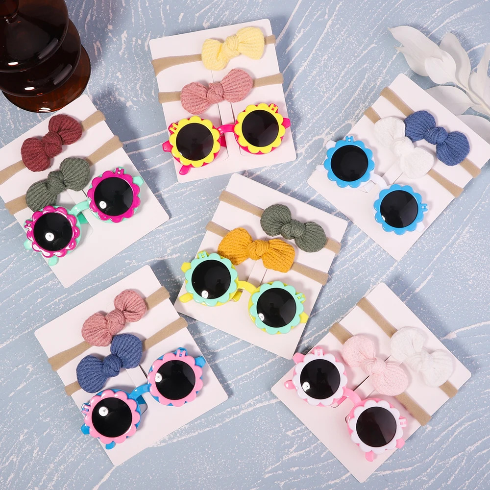 2PcsPack Vintage Kids Summer Bows Headband Round Sunglasses Children Sun Glasses Protection Baby Hair Accessories 240625