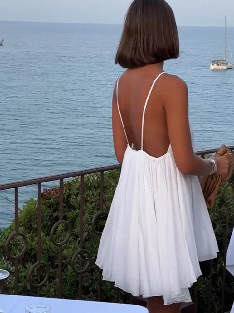 Women Puff Pleated Hem Sexy Backless Mini Dress Elegant Vneck Sleeveless Aline Short Dresses Lady Party Evening Robe 240627