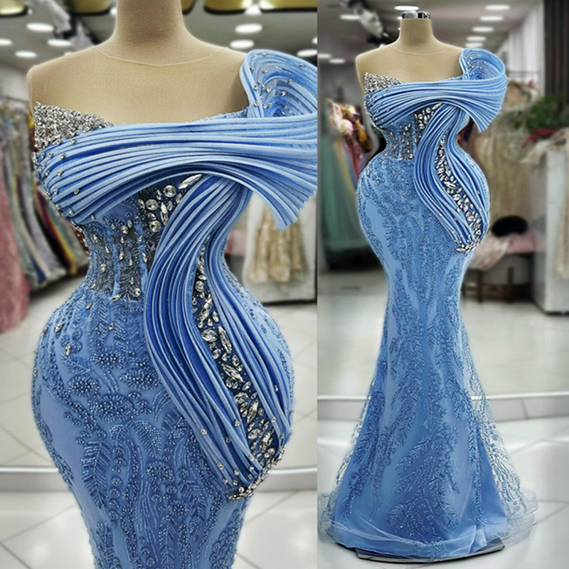 2024 Blue Mermaid Prom Dress Illusion Promdress Evening Formal Gowns for Special Occasion Beaded Rhinestones Lace Birthday Dress Second Reception Gown