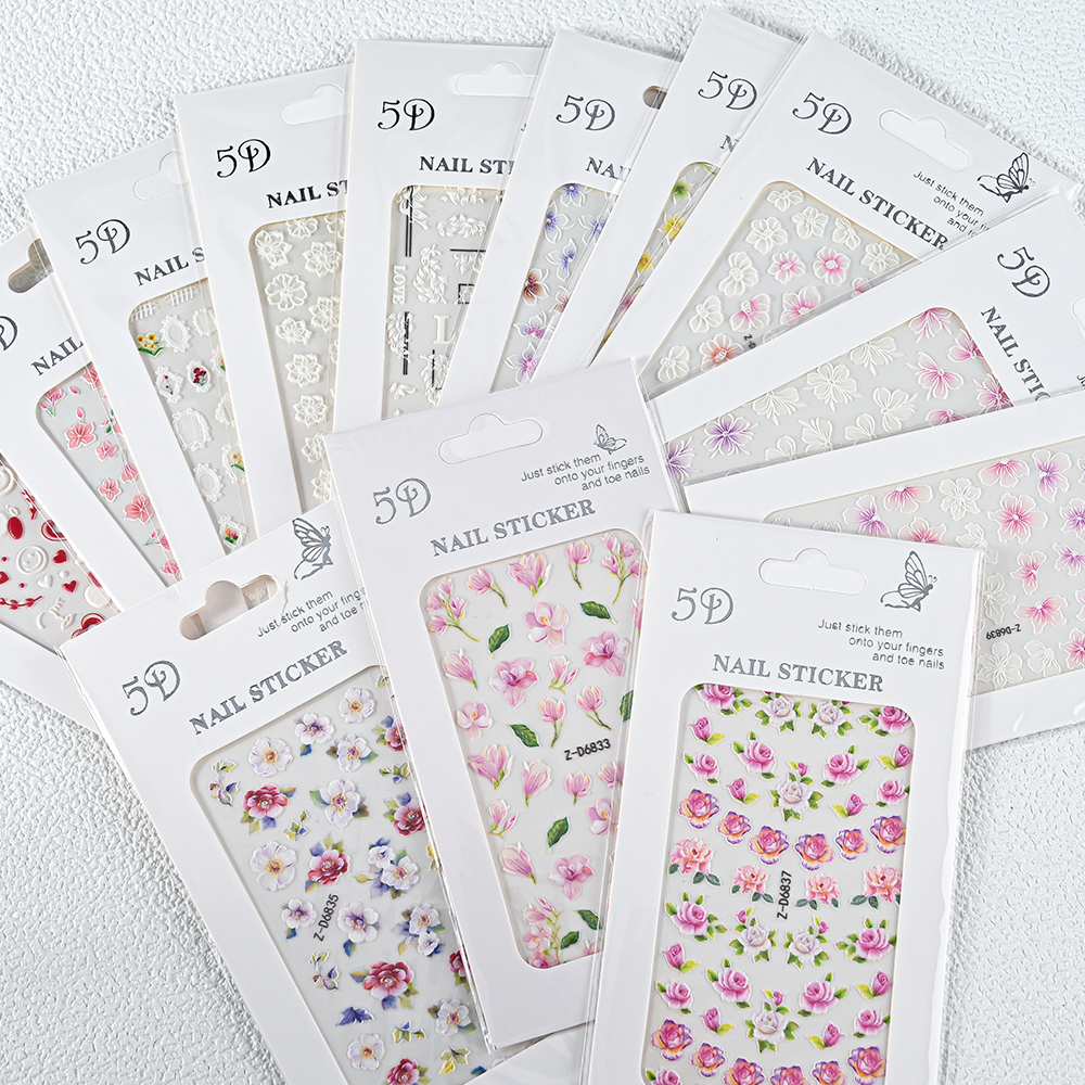1PC 5D Nail Stickers Embossed Colorful Flower Engraved Design With Textured Self-Adhesive Slider Decals Manicure Nail Art Decora