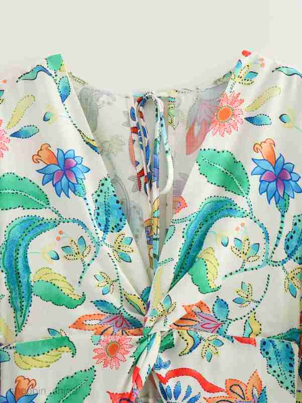 Basic Casual Women Dresses Summer Women's V-neck Chest Tie Lace Print High Waist Dress Women's B69022