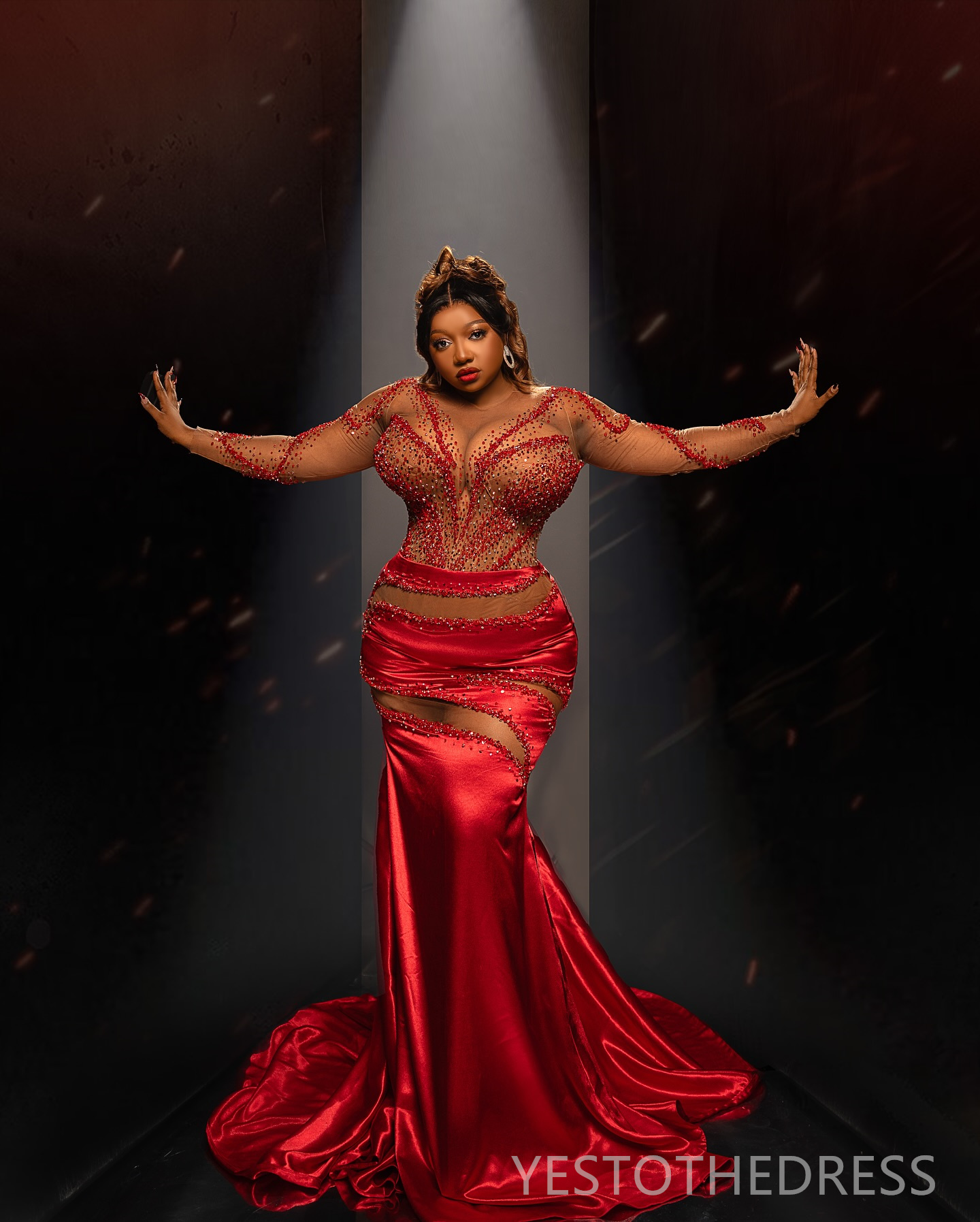 R&W 2024 Plus Size Red Prom Dresses for Special Ocns Mermaid Promdress Long Sleeves Sheer Neck Beaded Birthday Dress Engagement Second Reception Gowns