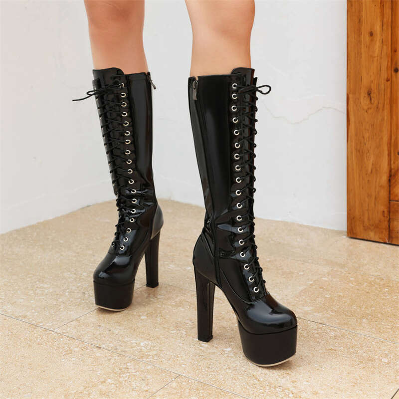 Red Knee Boots Women Platform Sexy White Black Heels Women's Winter High Boot Party Dance Shoes Ladies Large Size 46