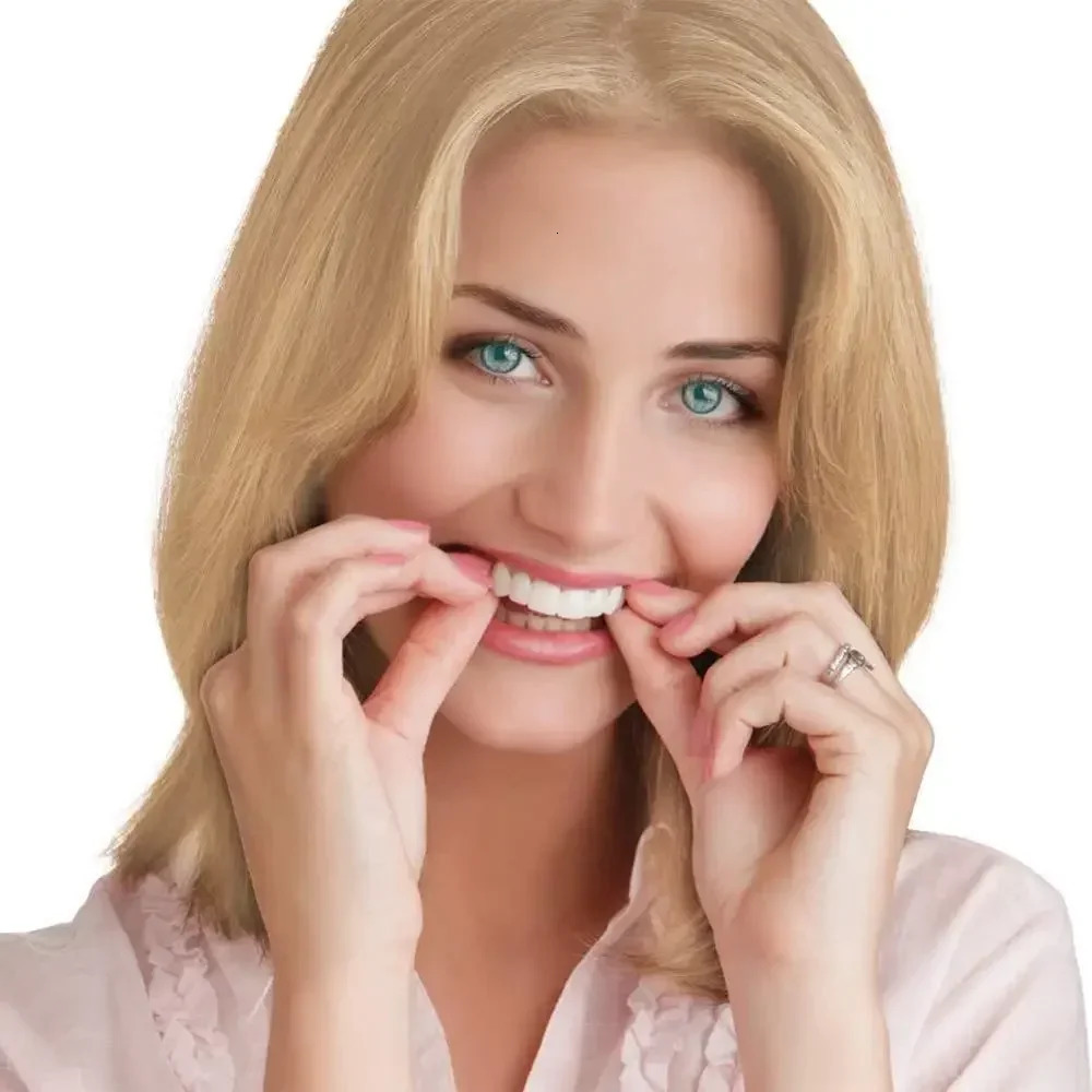 2Pcs Perfect Fit Teeth Whitening Fake Tooth Cover Snap On Silicone Smile Veneers Teeth Upper Beauty Tool 240627