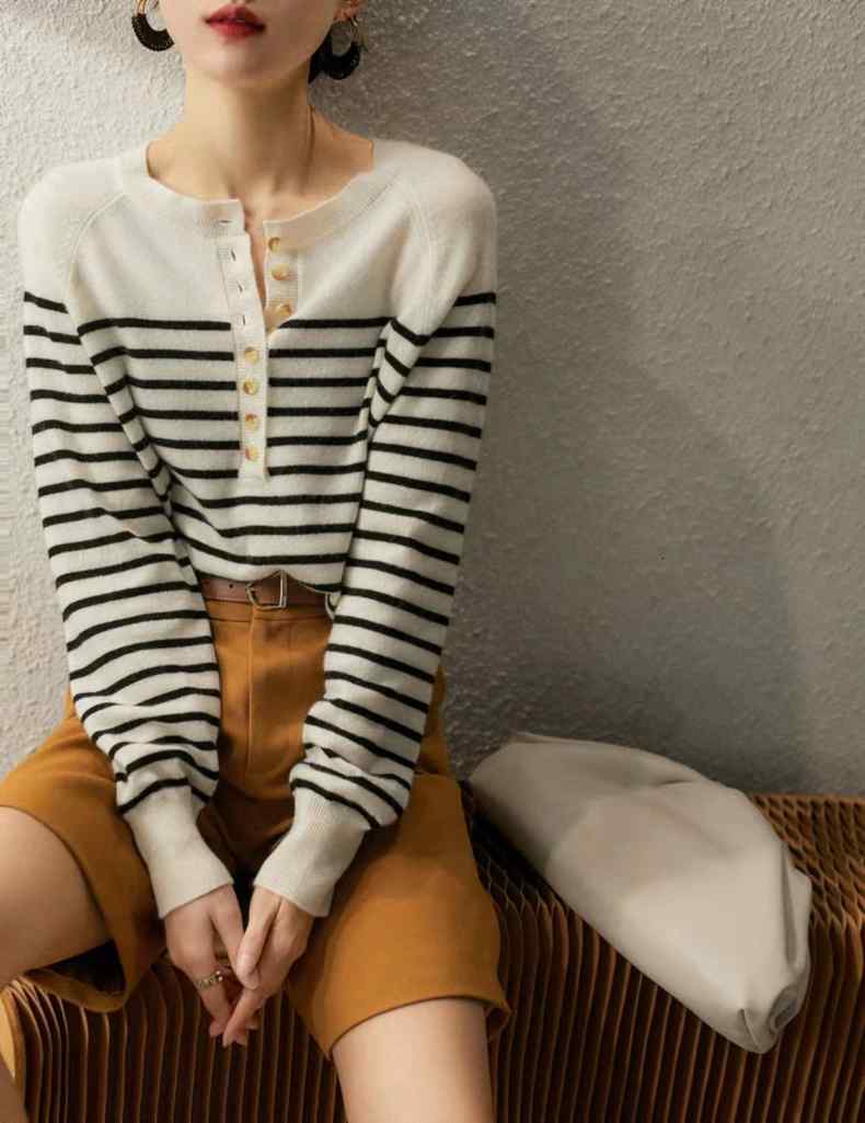 French new half-open round neck striped wool knit women's spring and autumn loose pullover long sleeve cashmere base sweaterF6.28#75