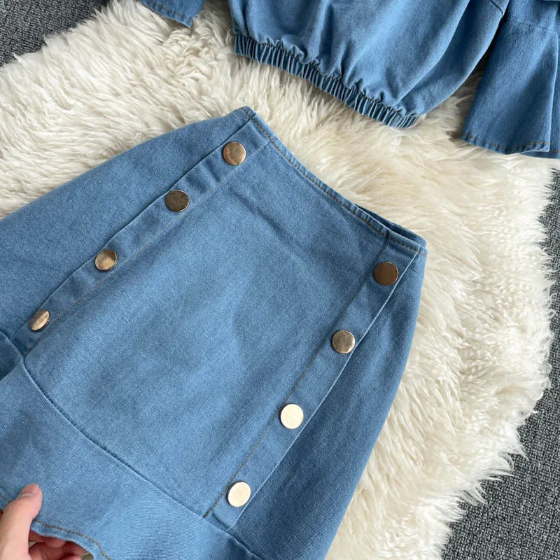 Women Jean Sets Matching Suits Woman Ruffles Buttons Tops Mini Skirt Two Piece Set Slash Neck Flare Sleeve Female Clothing 240627