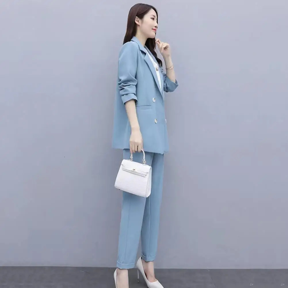2 PcsSet Women Business Suit Turndown Collar Long Sleeve Coat Solid Color Straight Pants Formal OL Commute Jacket Trousers Set 240617wtt