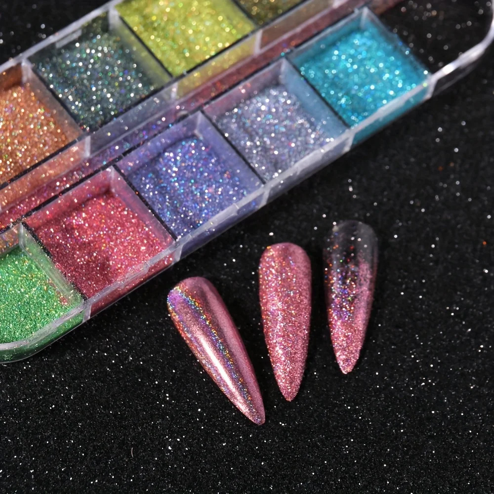 Holographic Powder Set Holo Silver Rub Dust Black Pink Chrome Nail Glitter Powder Laser Pigment For Nail DIY Manicure 240627