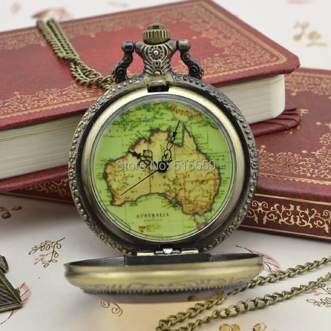 50pcs/lot Map Print Pocket Watch High Quality Quartz Watch Necklace Gift Watch Factory Price Wholesale 240626
