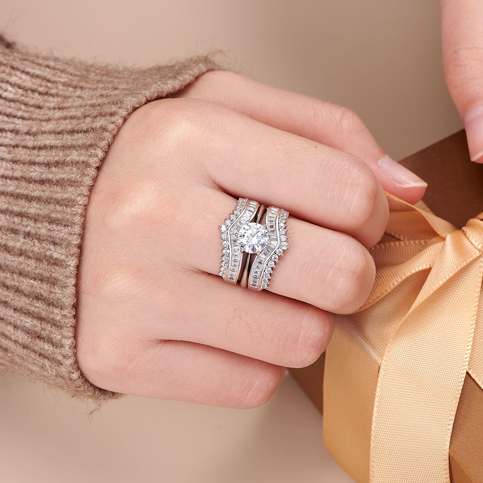 Newshe Genuine 925 Sterling Silver Engagement Ring Sets Enhancer Round Cut AAAAA Cubic Zirconia Wedding Bridal Jewelry for Women