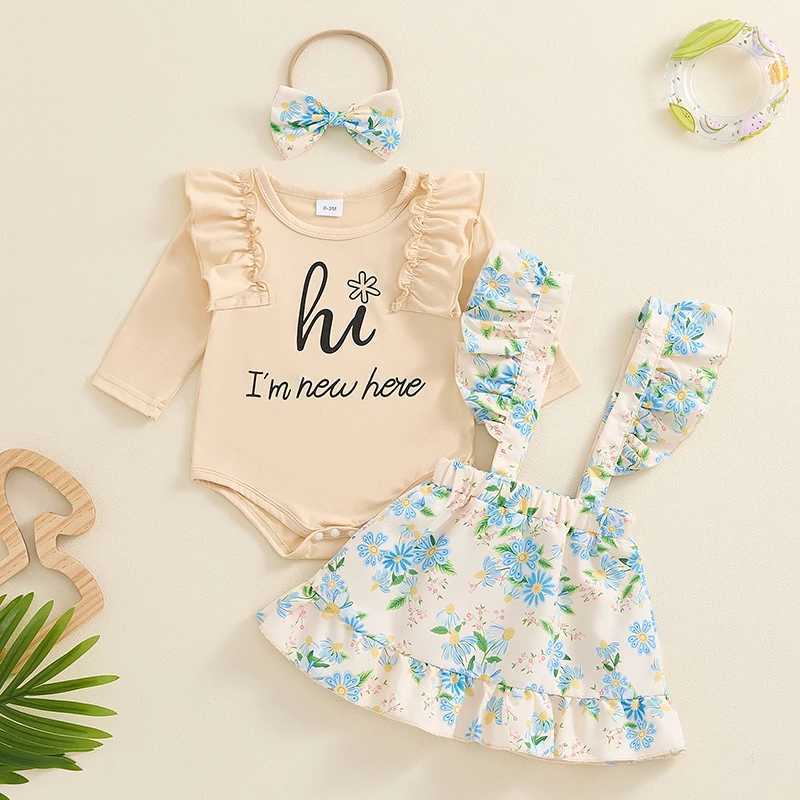 Pajamas 2024-05-30 Lioraitiin Baby Girl Ski Set Long sleeved Alphabet Printed Union Flower Suspension Ski Bow Headband Autumn Set WX5.31