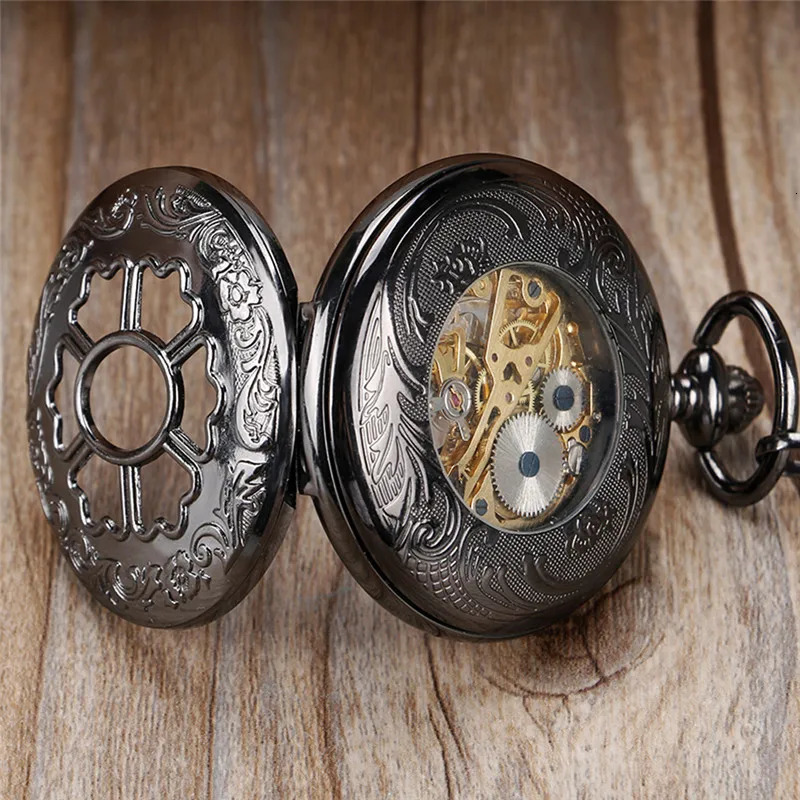 Steampunk Hollow Out Flower Case Men Women Handwinding Mechanical Pocket Watch Roman Number FOB Pendant Chain Relgio de bolso 240626