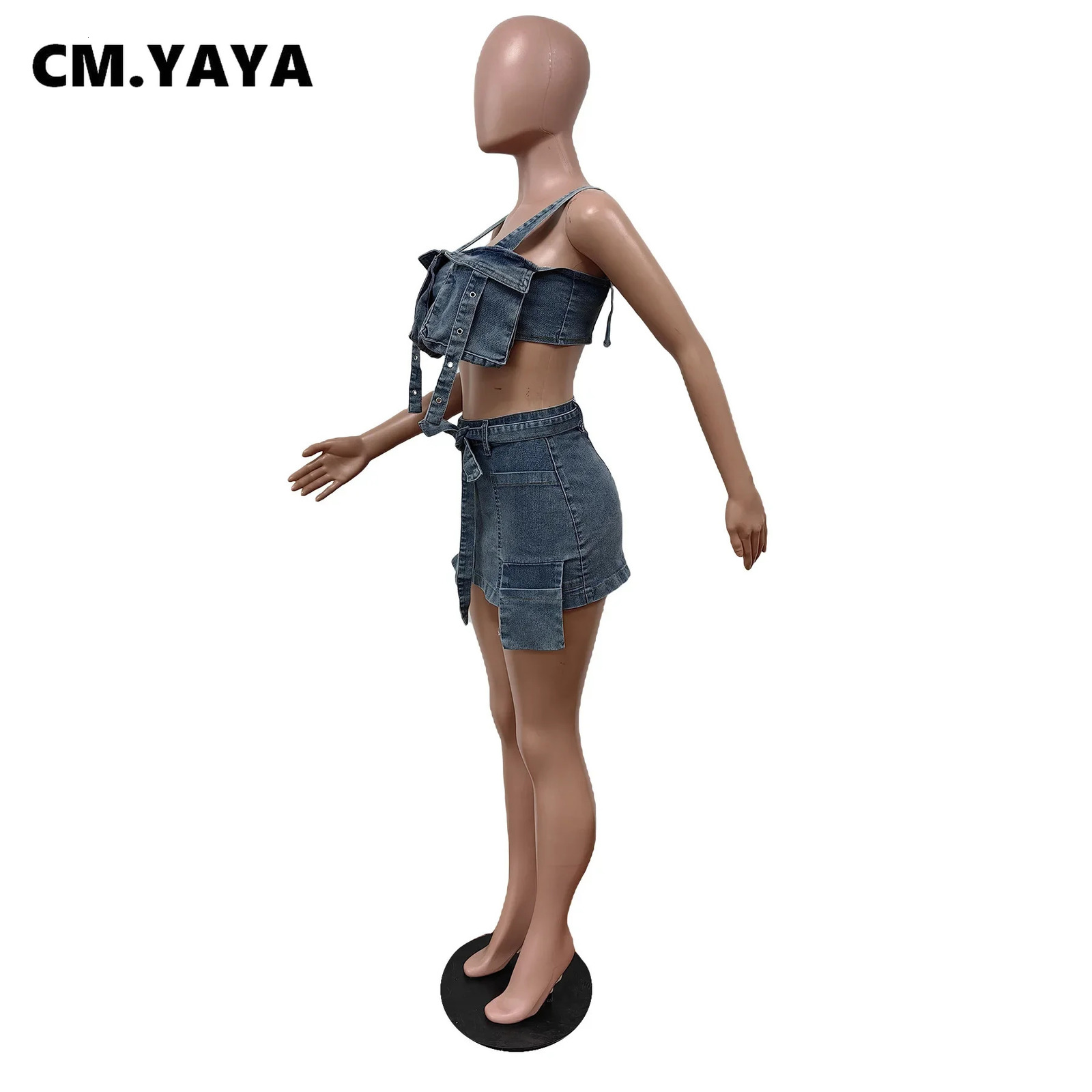 CMYAYA Fashion Denim Womens Set Pocket Front Strap Crop Top and Bodycon Midi Skirts Cargo Street Two 2 Piece Sets Outfits 240627